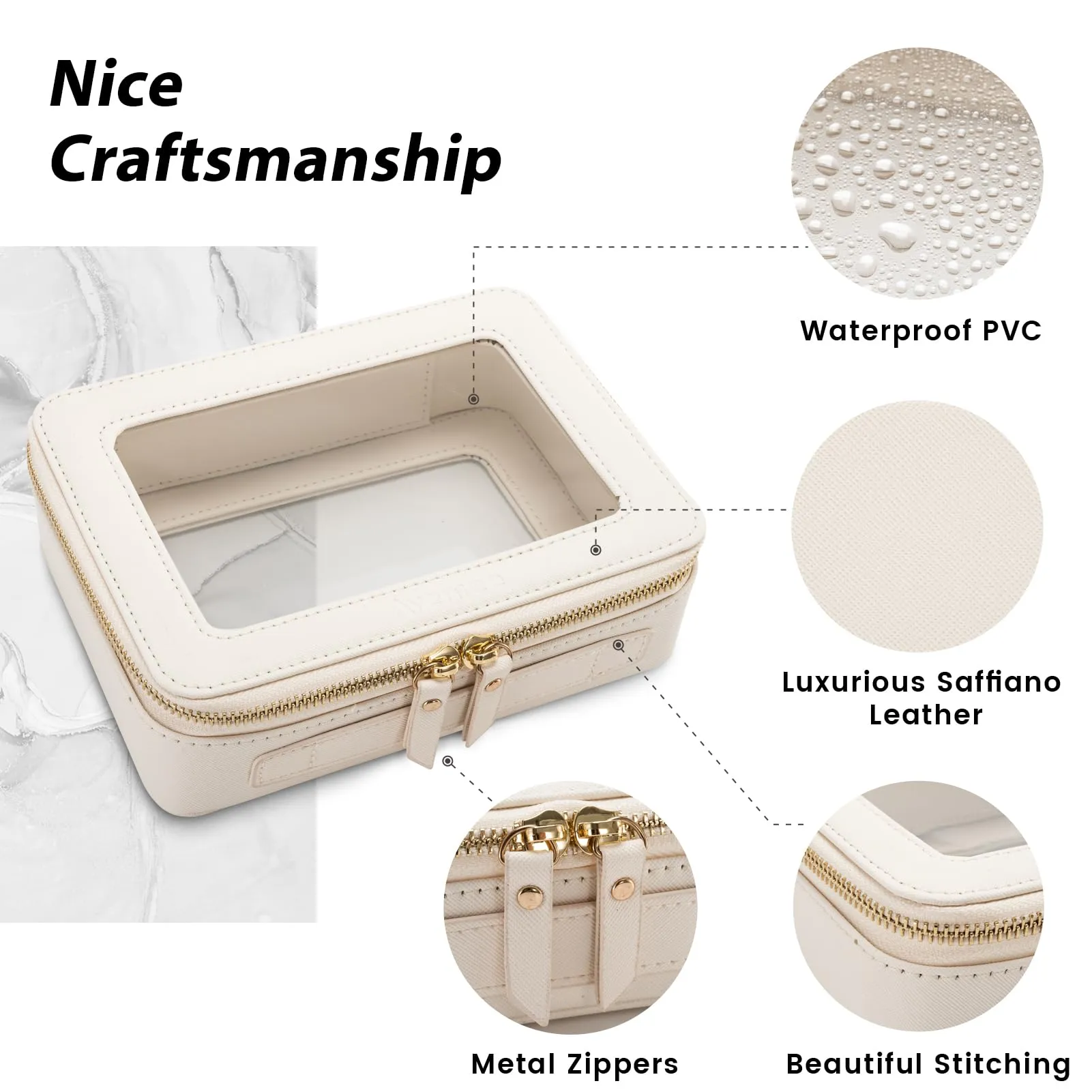Aveniee Large Clear Makeup Bag Cosmetic bags, Travel Toiletry Bag for Women, Clear Make up Bag Case, Chic Makeup Pouch with Transparent Vinyl Windows & Gold Zippers(White)