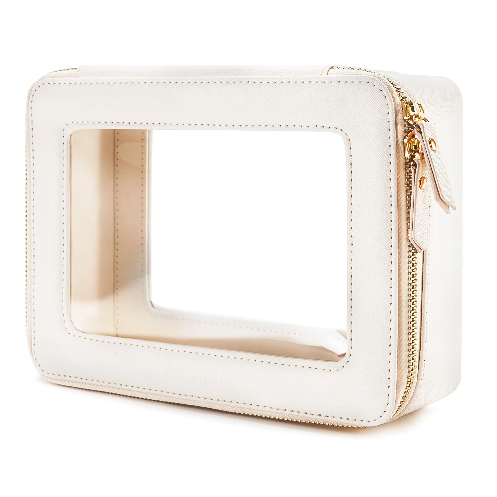 Aveniee Large Clear Makeup Bag Cosmetic bags, Travel Toiletry Bag for Women, Clear Make up Bag Case, Chic Makeup Pouch with Transparent Vinyl Windows & Gold Zippers(White)