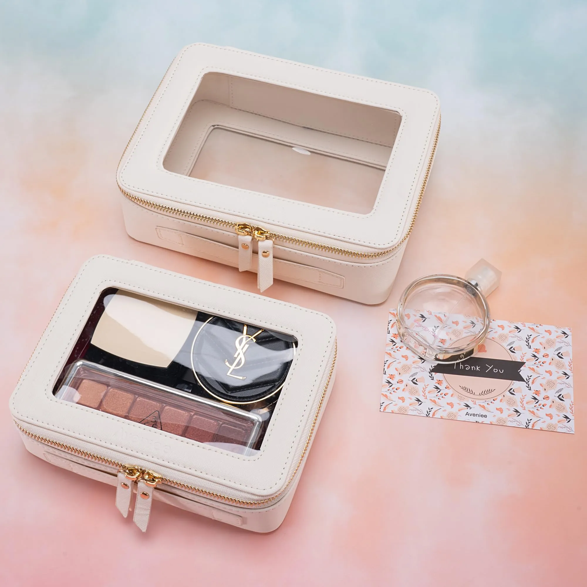 Aveniee Large Clear Makeup Bag Cosmetic bags, Travel Toiletry Bag for Women, Clear Make up Bag Case, Chic Makeup Pouch with Transparent Vinyl Windows & Gold Zippers(White)