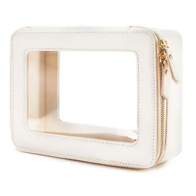 Aveniee Large Clear Makeup Bag Cosmetic bags, Travel Toiletry Bag for Women, Clear Make up Bag Case, Chic Makeup Pouch with Transparent Vinyl Windows & Gold Zippers(White)