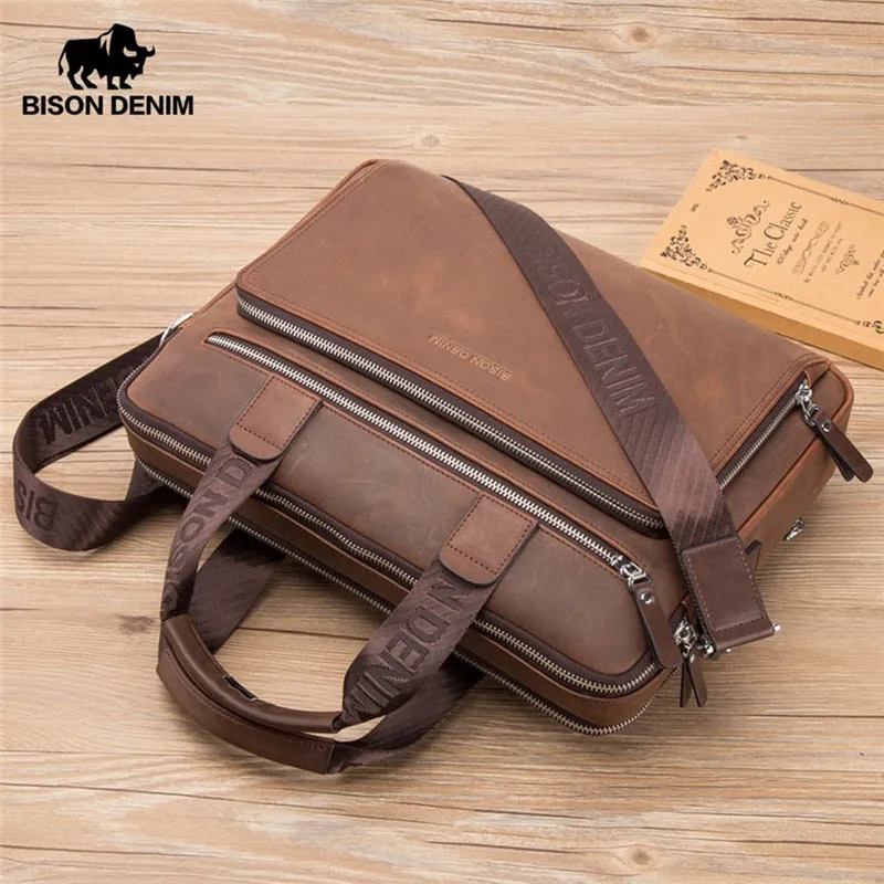 BISON DENIM Brand Men's Briefcase Satchel Bags Genuine leather 14" Laptop Handbag Business Crossbody Shoulder Bags