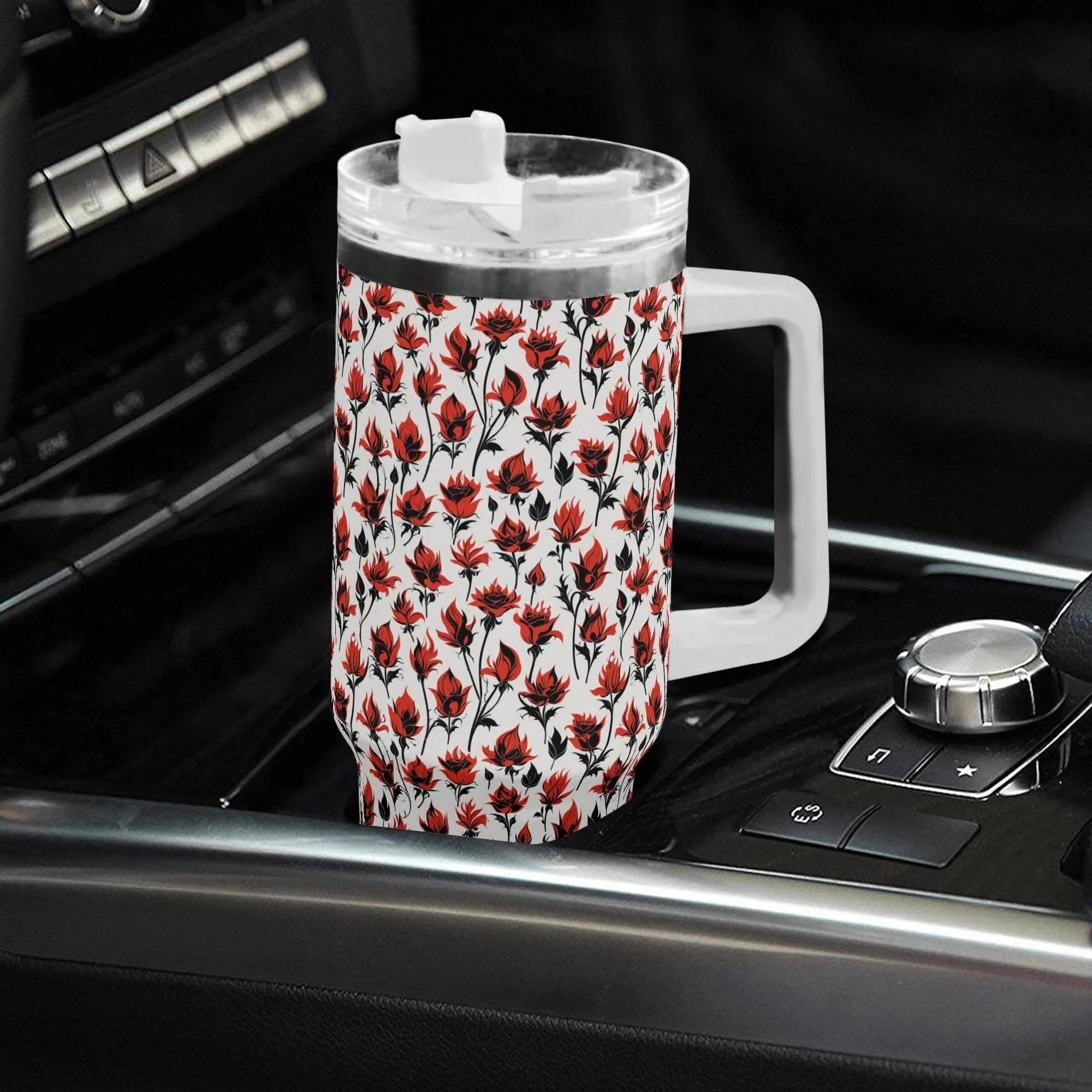 Floral Fire 40oz Stainless Steel Tumbler Gift With White Handle and Straw