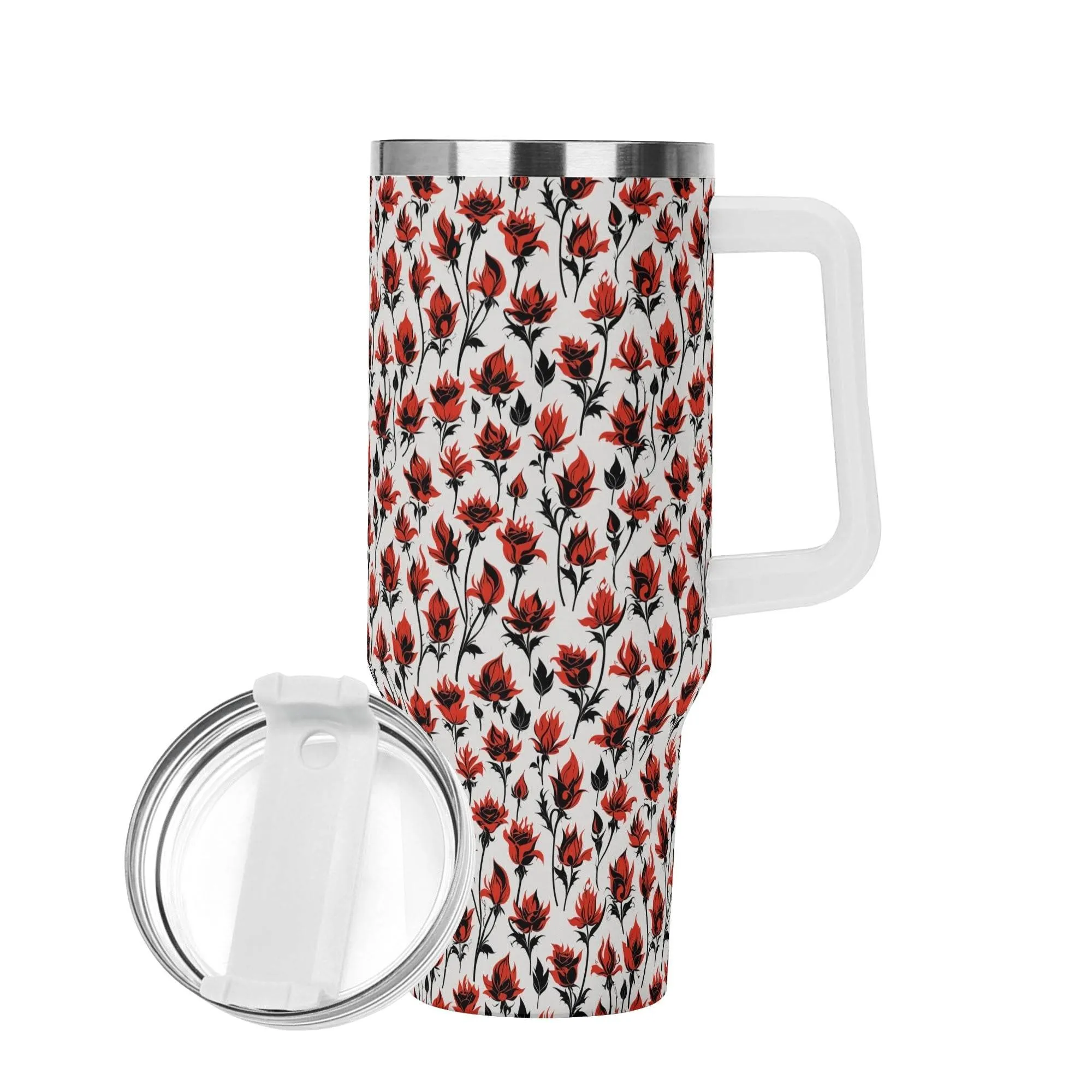 Floral Fire 40oz Stainless Steel Tumbler Gift With White Handle and Straw