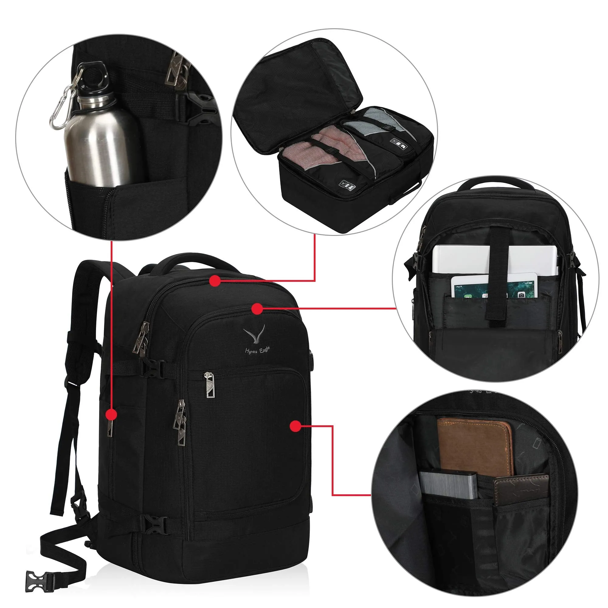 Hynes Eagle Travel Backpack 40L Flight Approved Carry on Backpack, Black with 3PCS Packing Cubes 2018