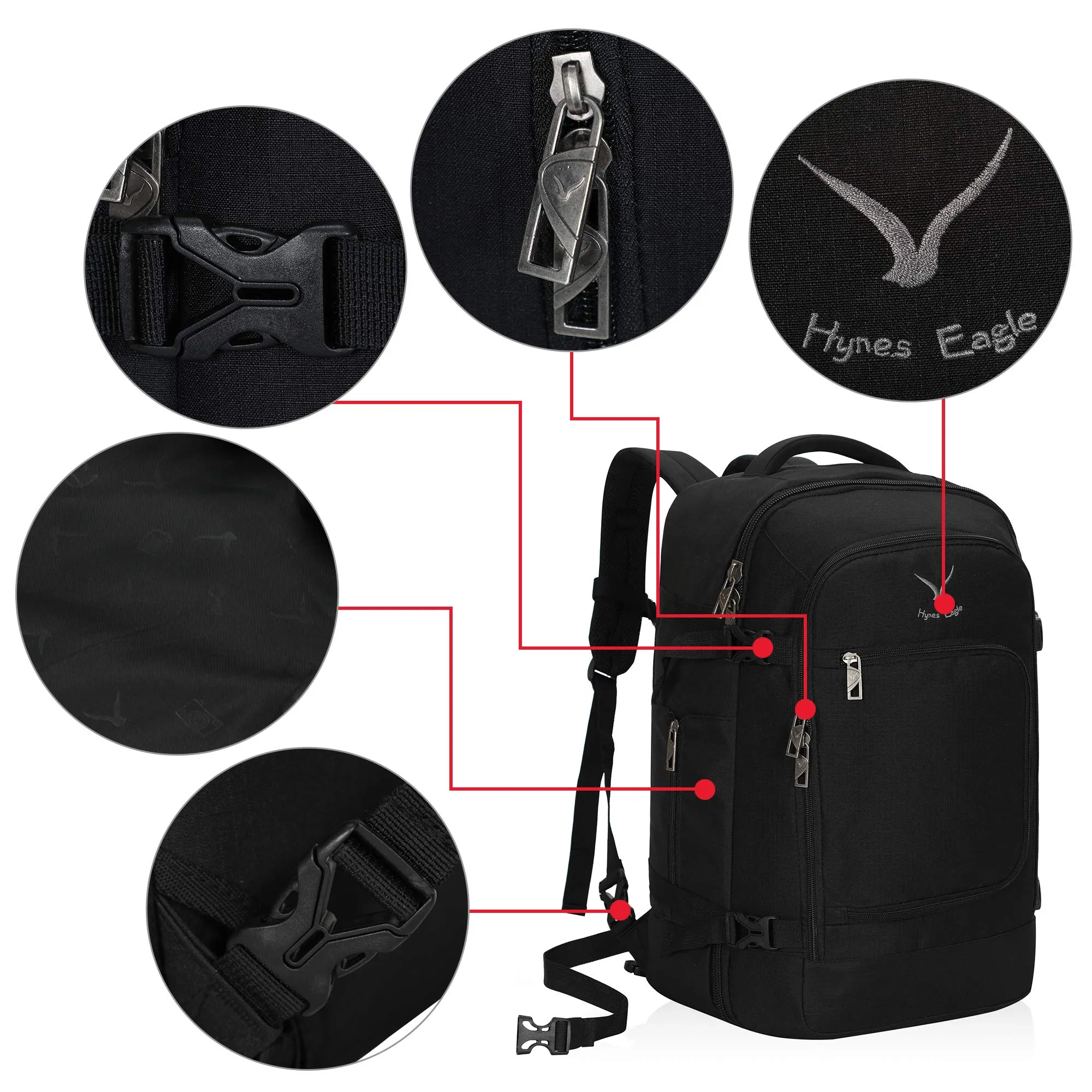 Hynes Eagle Travel Backpack 40L Flight Approved Carry on Backpack, Black with 3PCS Packing Cubes 2018