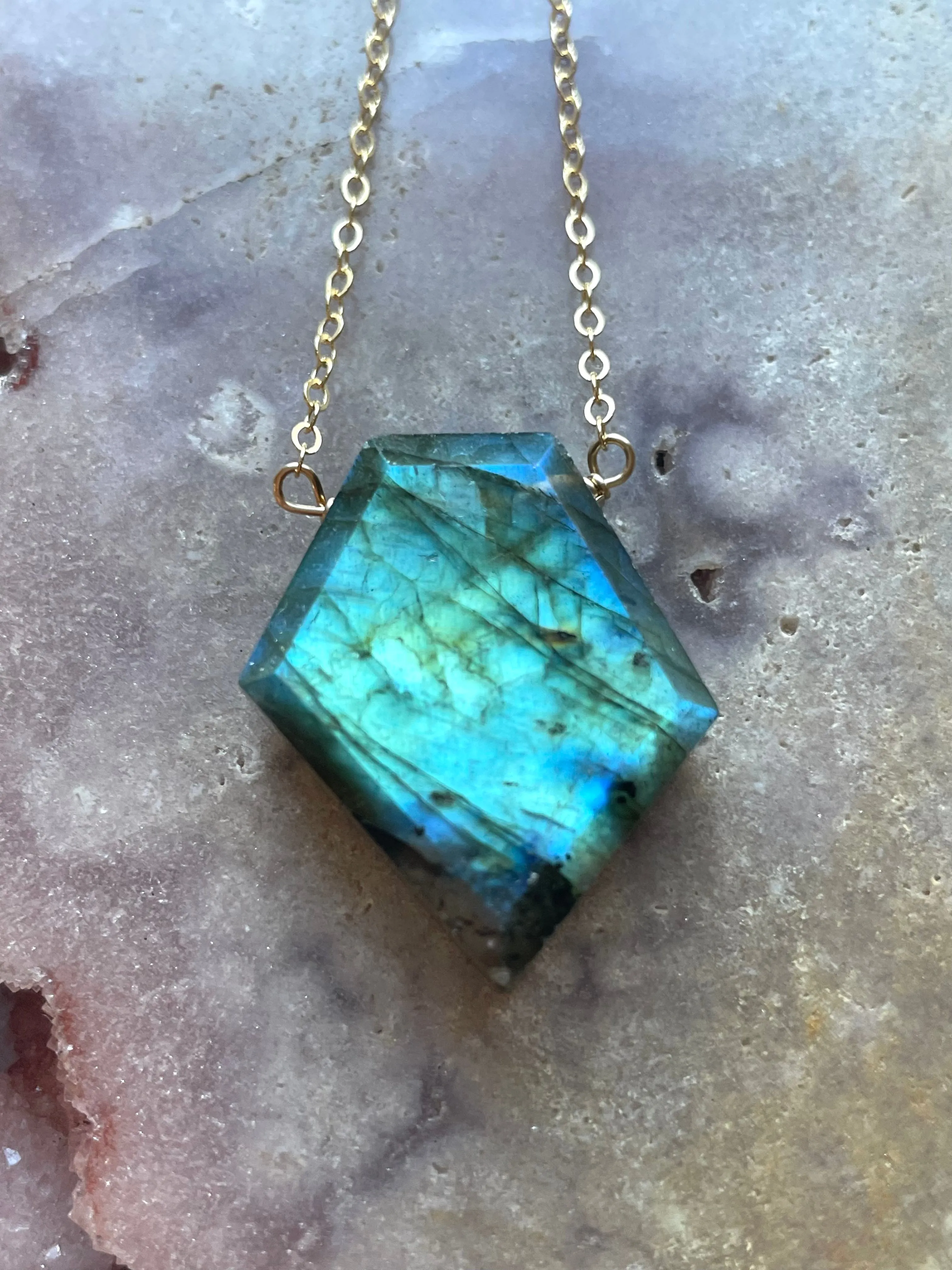 Large Labradorite shield necklace on Gold Fill