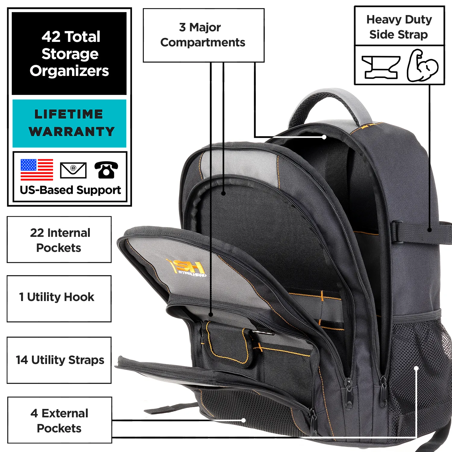 Multi-Function Heavy-Duty Tool Backpack (42 Pocket)