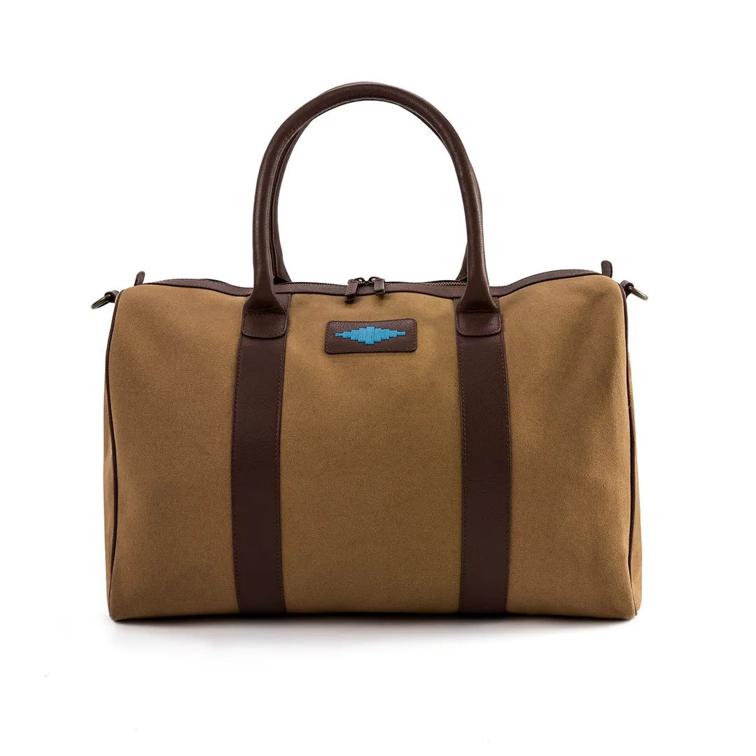 Varon Small Travel Bag - Brown Leather & Sand Canvas w/ Blue Stitching by Pampeano