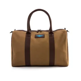Varon Small Travel Bag - Brown Leather & Sand Canvas w/ Blue Stitching by Pampeano